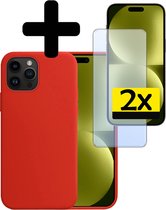 Hoesje Geschikt voor iPhone 15 Pro Hoesje Siliconen Case Met 2x Screenprotector - Hoes Geschikt voor iPhone 15 Pro Hoes Siliconen - Rood