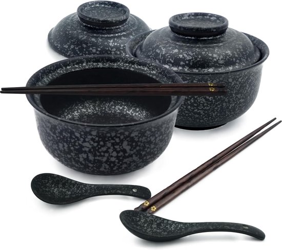 Bol Ramen En Céramique Noir Avec Couvercle, Baguettes Et Cuillère - Vaisselle Asiatique 1000ml - Idéal Nouilles Et Soupes