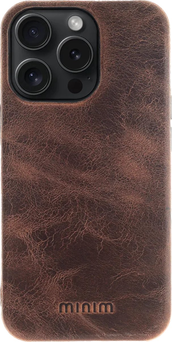 Minim Hoesje Echt Leer Geschikt voor Apple ìPhone 15 Pro - Lederen Back Cover - Bruin