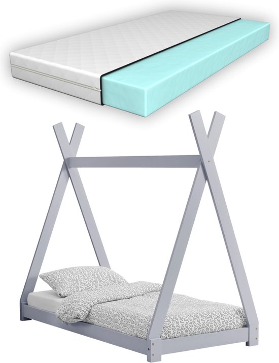 Kinderbed Corrina - Sparrenhout - Tipi Bed - Incl. Matras - 80x160 cm - Lichtgrijs - Voor meisjes - Voor jongens - Voor kinderen