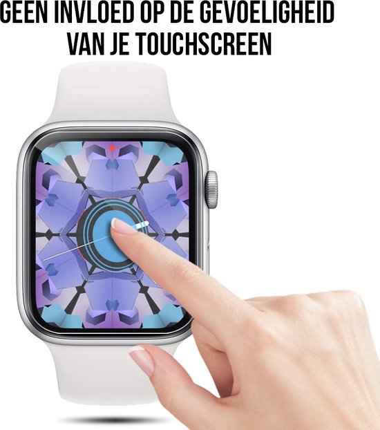 Apple Watch 42mm met witte band, digitale wijzerplaat. Vinger raakt het scherm aan. "Geen invloed op gevoeligheid touchscreen".