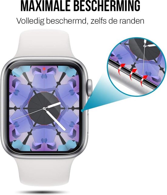 Apple Watch 42mm met witte band, de randen worden beschermd. "Maximale bescherming".