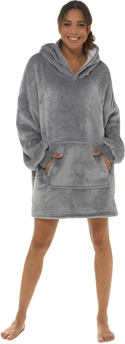 Dames Onesize Hoodie - fleece deken met mouwen - grijs - snuggle - Snuggle Hoodie - Fleece Deken Met Mouwen