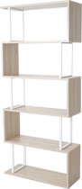 Boekenplank MCW-A27, staande plank, woonkamerplank, 183x80cm 3D structuur 5 niveaus ~ eiken look, wit metaal