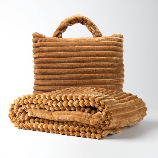 TERESA - Plaid to Go - Couverture et oreiller en un - 130x150 cm - Marron tabac - idéal pour les déplacements - se plie dans un sac pratique