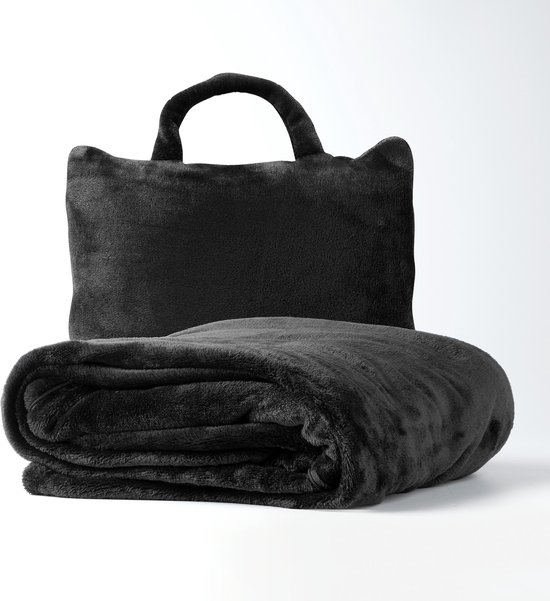 Textino - TESSA - Plaid to Go - Deken & Kussentje in één - 130x150 cm - Raven - ideaal voor onderweg - opvouwbaar tot handig tasje