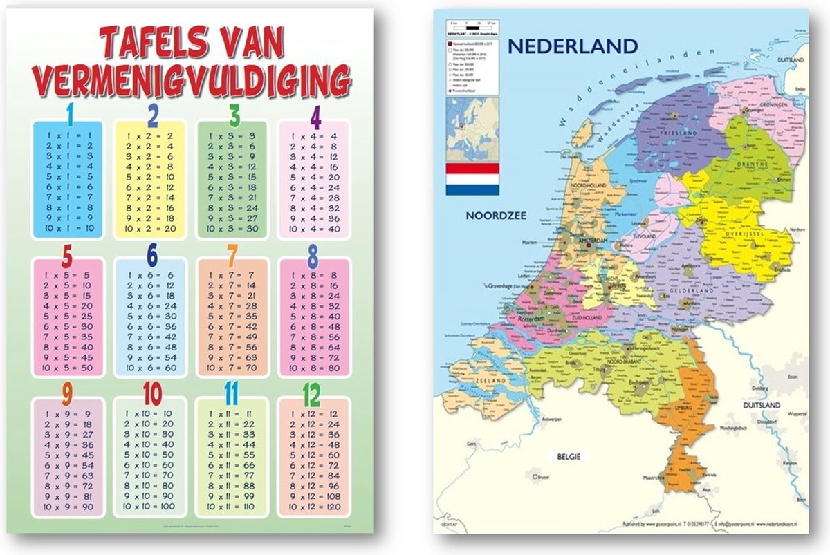 Posterpoint Nederland kaart en Tafels van vermenigvuldiging poster - Set van twee posters - Educatief - Formaat 50 x 70 cm multi