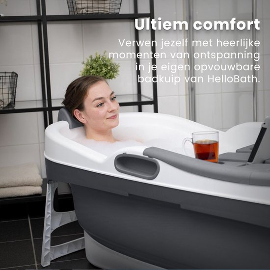 HelloBath® Opvouwbaar bad - XL James (Comfort) - Donker Grijs - 148 cm lang - Inklapbaar bad - Zitbad voor volwassenen - Bath Bucket - Extra: Luxe Badkussen, Deksels, Badlamp & Opbergtas