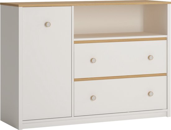 Commode GLOBO K02 avec tiroirs et étagères, largeur 125 cm pour chambre, salon, jeunesse, mobilier jeunesse, blanc + chêne