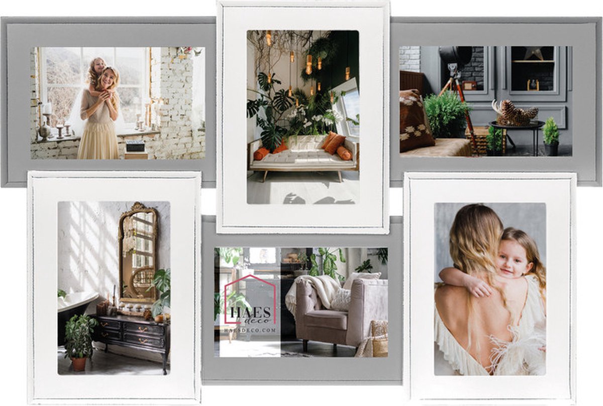 HAES DECO - Houten Galerie / multi fotolijst Valence 6Q in de kleuren grijs en wit voor 6 foto's 10x15 (formaat 49x33 cm) - HH156HS