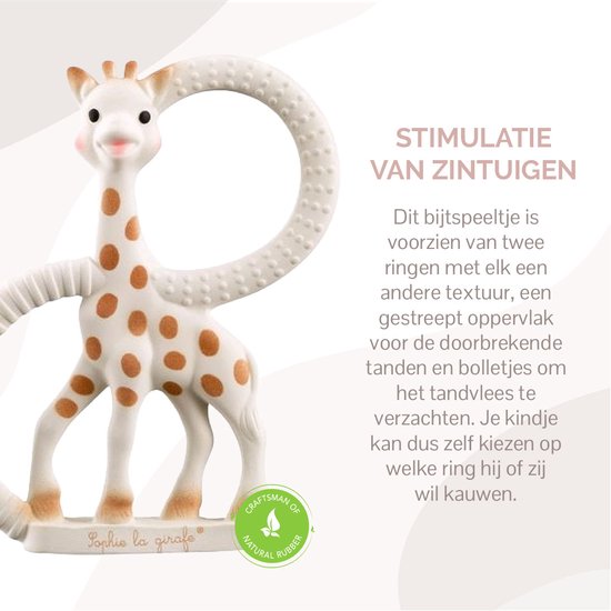 Witte Sophie de Giraf bijtring met bruine stippen, met twee ringen en gestreepte textuur voor tandvleesverlichting.