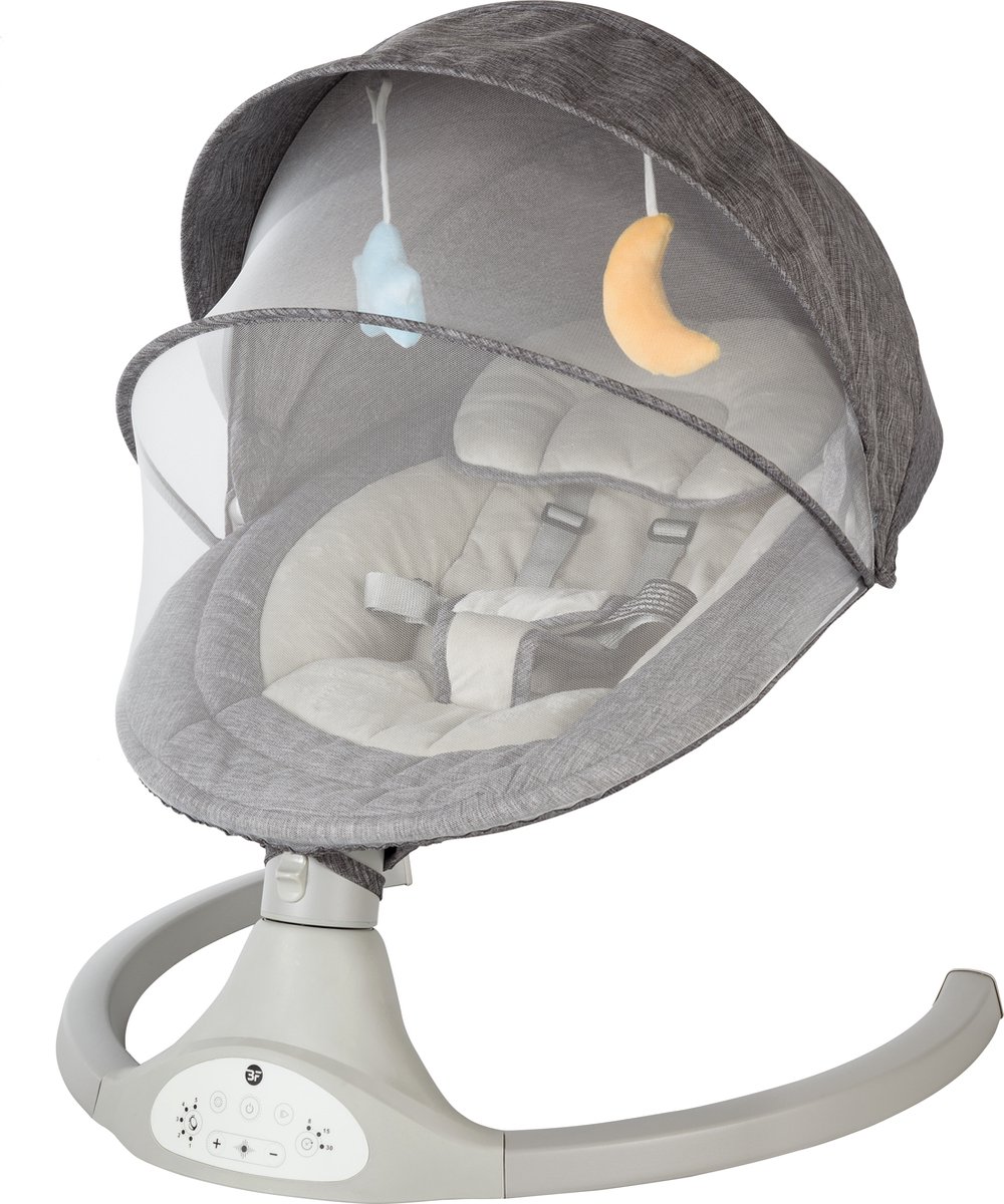 Bebies First Elektrische Wipstoel/ Schommelstoel Met Bluetoothfunctie Relax Met Kap & Speelboog - Grijs