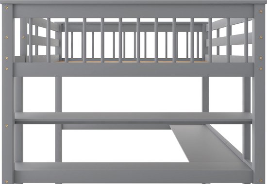 Grijze hoogslaper met bureau, van dichtbij bekeken, met een ladder aan de zijkant.