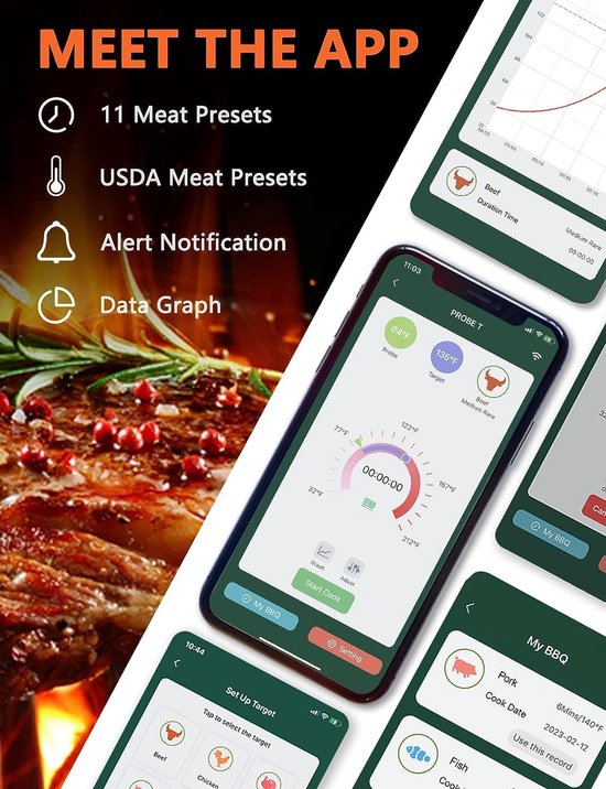 Vleesthermometer Draadloos met App - BBQ Thermometer met Bluetooth - Oventhermometer - BBQ accesoires - RVS - ZWART - Vastar