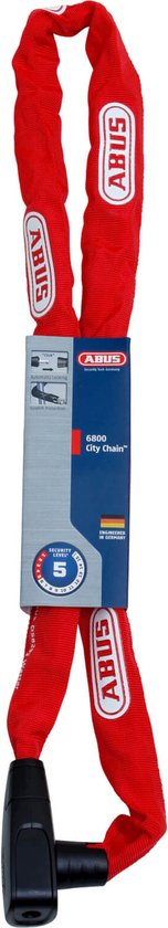 ABUS 6800 City Chain kettingslot in verpakking. Rood met witte ABUS logo's. Security Level 5.