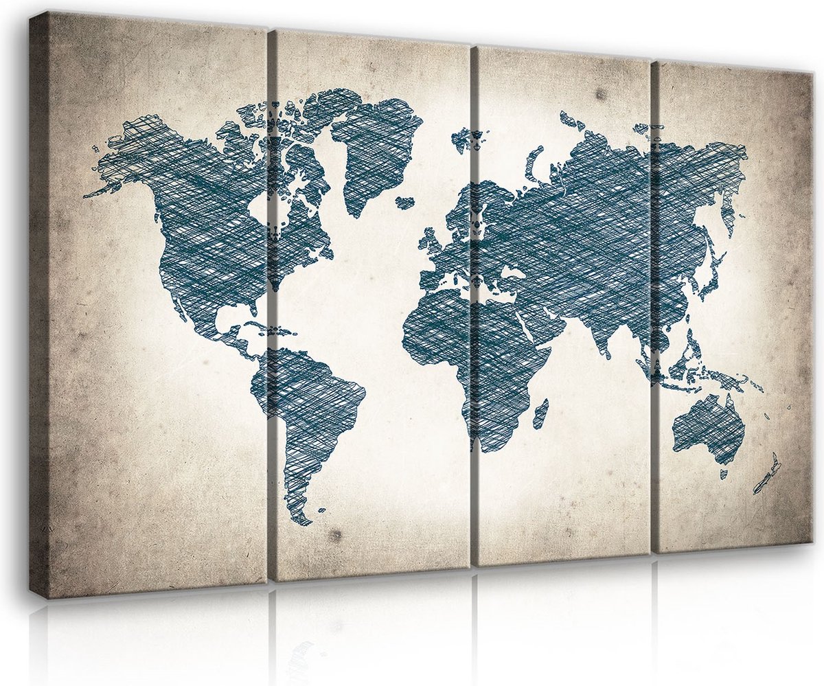 Canvas Schilderij - Wereldkaart - Wereldbol - Landen - Kaart - Continenten - Inclusief Frame - 120x80cm (lxb) - 4 Luiks Grijs