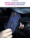 Coque de téléphone bleue avec anneau au dos, attachée à un support de voiture magnétique dans une grille de ventilation.