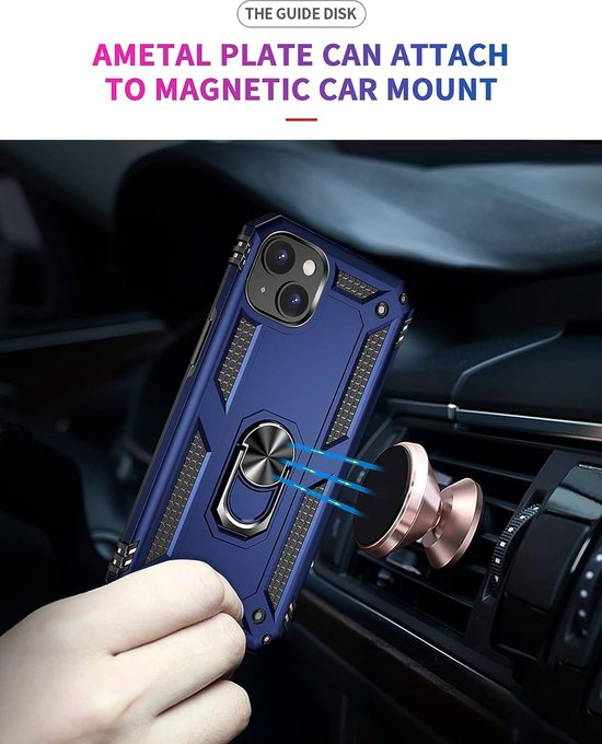 Coque de téléphone bleue avec anneau au dos, attachée à un support de voiture magnétique dans une grille de ventilation.