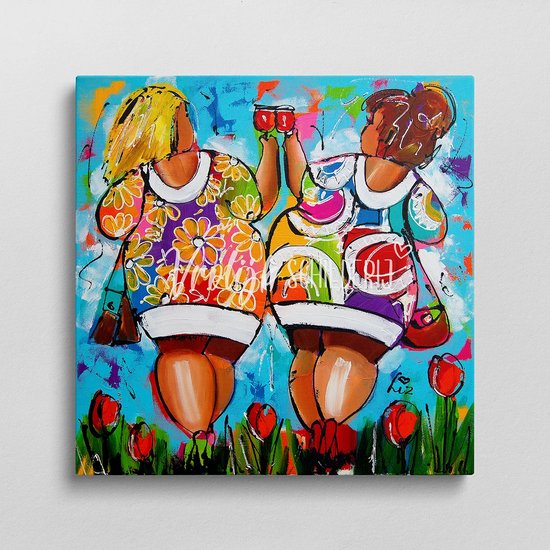 Dikke dames proost op het weekend | Vrolijk Schilderij | 80x80cm | Dikte 4 cm | Canvas schilderijen woonkamer | Wanddecoratie | Schilderij op canvas | Kunst | Corrie Leushuis