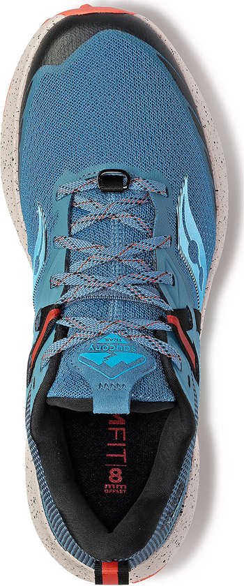Bovenaanzicht van de blauwe Saucony trailschoen met vetersluiting en zwarte binnenvoering.
