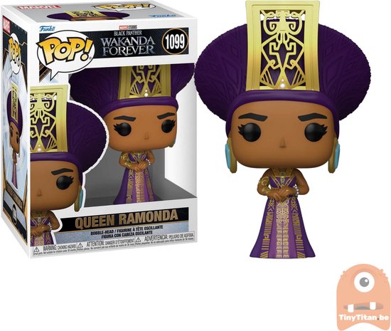 Queen Ramonda Funko Pop! figuur in paarse jurk met gouden versieringen en grote paarse hoofdtooi met gouden accenten, naast de verpakking.