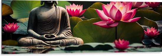 Dibond - Buddha - Waterlelies - Bloemen - Bladeren - Water - 120x40 cm Foto op Aluminium (Met Ophangsysteem)