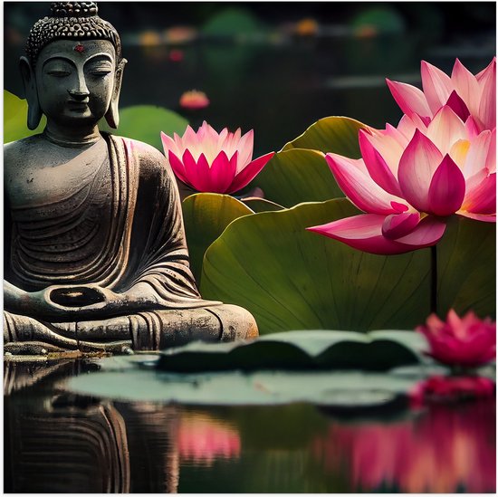 Poster Glanzend – Buddha - Waterlelies - Bloemen - Bladeren - Water - 50x50 cm Foto op Posterpapier met Glanzende Afwerking