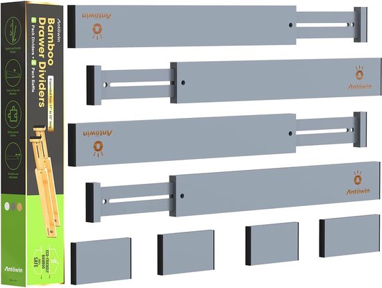 SINJEUN Set van 6 ladeverdelers, verstelbaar, zwart, 43 - 56 cm, hout, bamboe, lade-organizer voor keuken, badkamer, slaapkamer