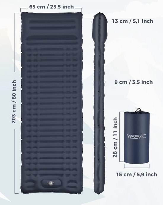 Isomat, camping mat, zelfopblazend, met voetpomp, kussen, ultralight, slaapmat voor outdoor, wandelen, turkoois — afbeelding 3
