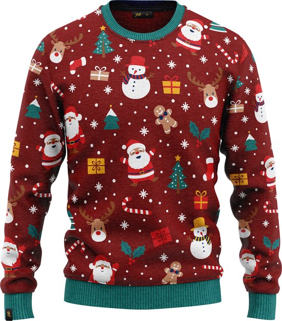 Pull de Noël rouge avec imprimé de Noël, avec des pères Noël, des bonhommes de neige, des rennes, des arbres et des cadeaux. Col et poignets bleu sarcelle.