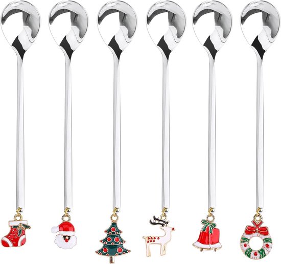 Kerstlepelset, 6 stuks koffielepels, roestvrijstalen cadeaus, lange