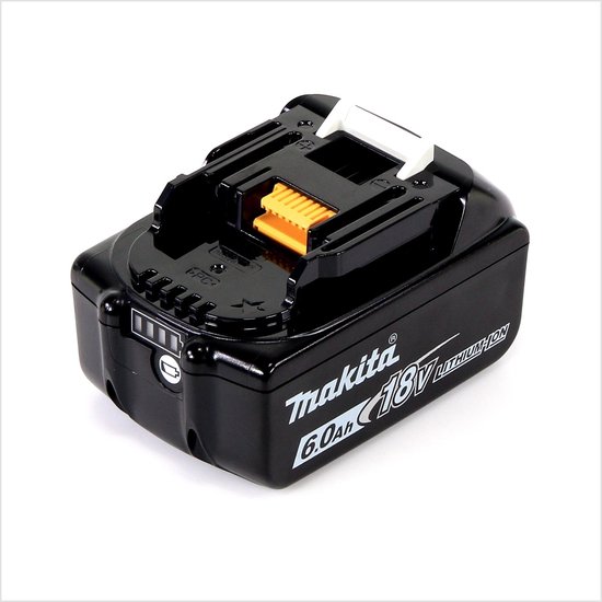 Zwart Makita 18V 6.0Ah lithium-ion accu met gele en witte ontgrendelingsknoppen.
