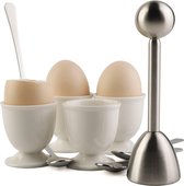Eierkraker-bevestigingsset voor het verwijderen van de schaal van zachte, hardgekookte eieren Inclusief 1 eiersnijder, 4 keramische eierdopjes en 4 lepels