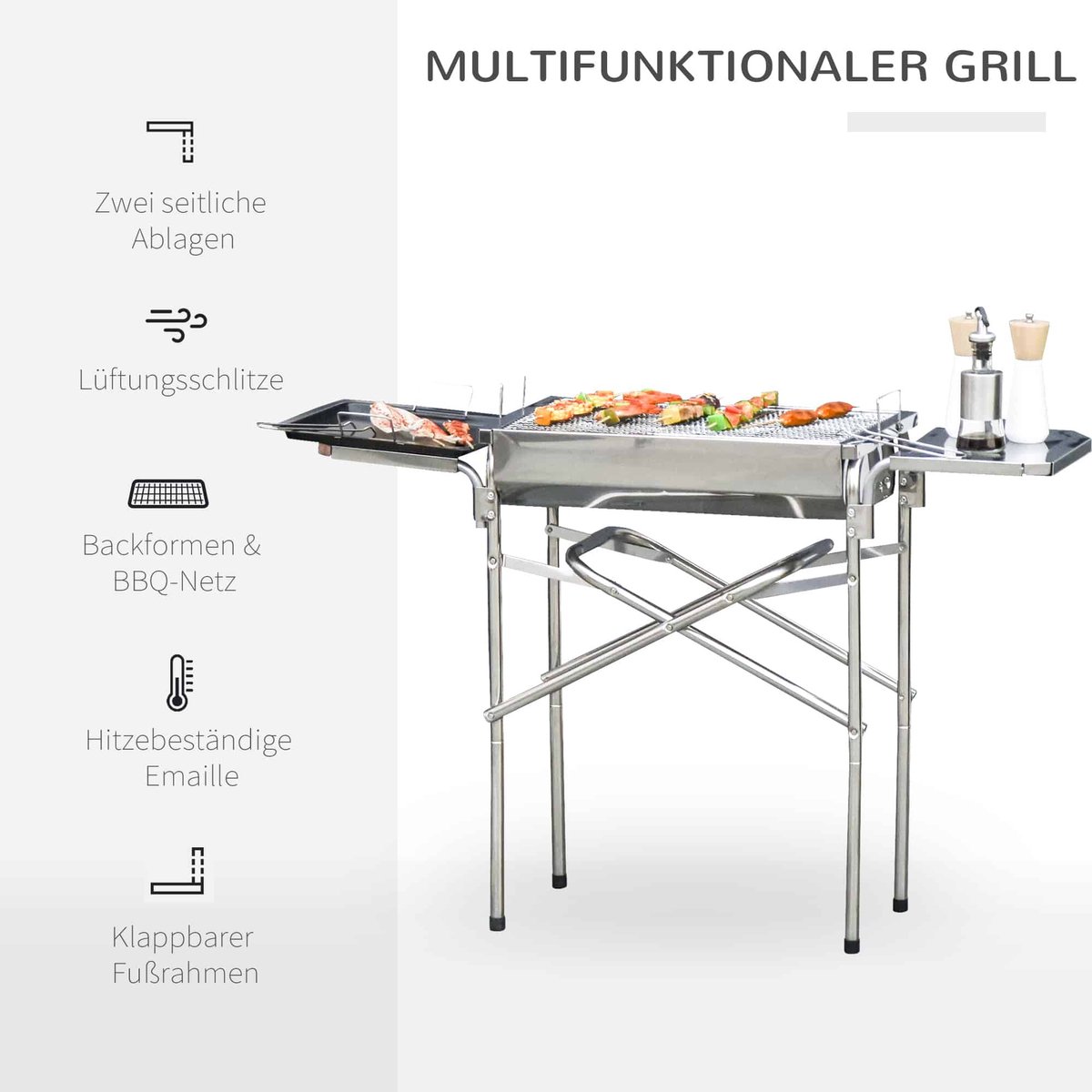 Houtskoolgrillgrill Bbq-Standaardgrill Houtskoolgrill Tuingrill, Roestvrij Staal, Zilver