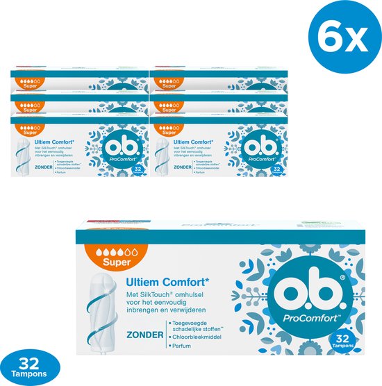 o.b. ProComfort Super - tampons - zwaardere menstruatiedagen - 6 x 32 stuks