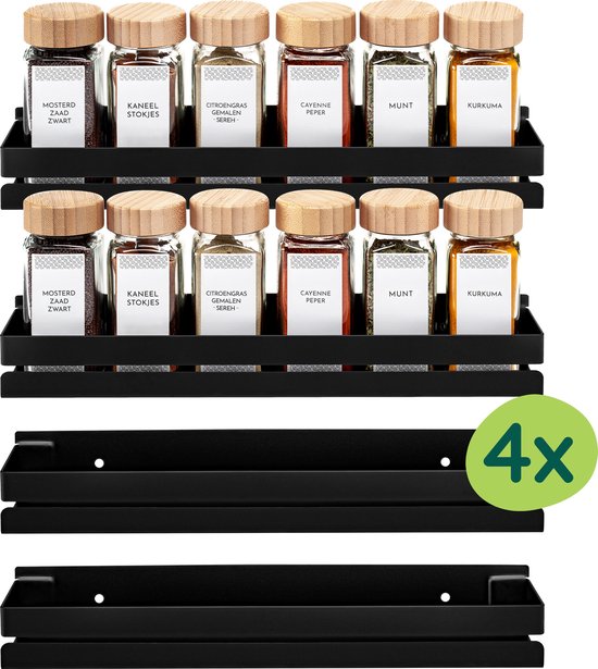 Porte Epice Mural - XIVADA - Etagere a Epices Suspendue - Noir - 4 étages Rangement Epices Cuisine - Pour 24 pots à épices