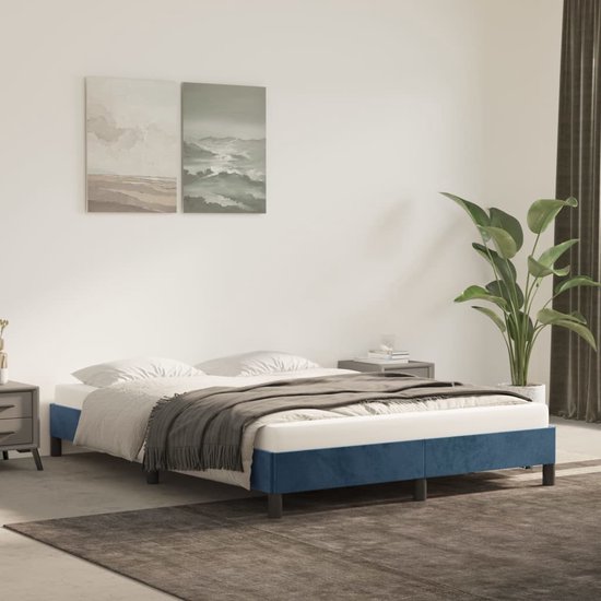 The Living Store Bed Dark Blue Velvet - 203 x 143 x 25 cm - Plywood Slatted Base