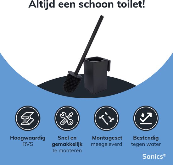 Sanics® Seal WC borstel met Houder Zwart - Toiletborstel - Toiletborstelhouder - WC borstelhouder - Hangend - RVS