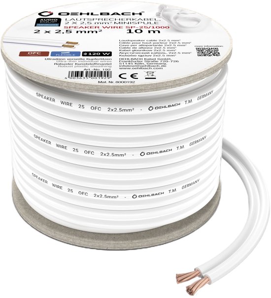 Oehlbach luidsprekerkabel op een witte haspel. Kabel met tekst "SPEAKER WIRE 25 OFC 2x2.5mm²", 10m.