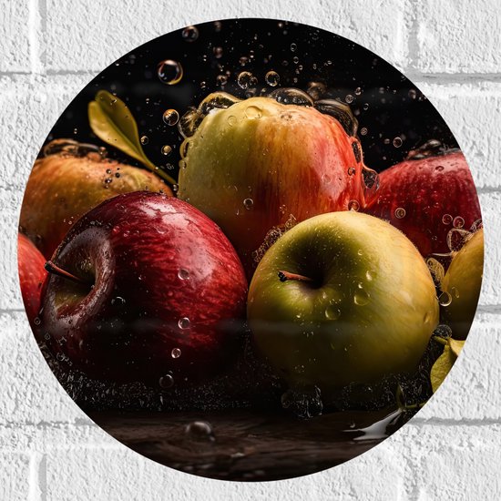 Muursticker Cirkel - Plens Water op Appels tegen Zwarte Achtergrond - 30x30 cm Foto op Muursticker