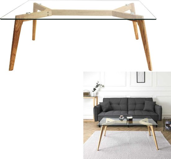 Table basse avec plateau en verre et pieds en bois 110x45x60 cm - Marron