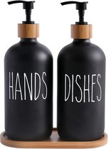 Glazen zeepdispenser, 475 ml, zwart, mat, badkamerset met dienblad, shampoolotion, handzeepdispenser voor keuken, werkblad