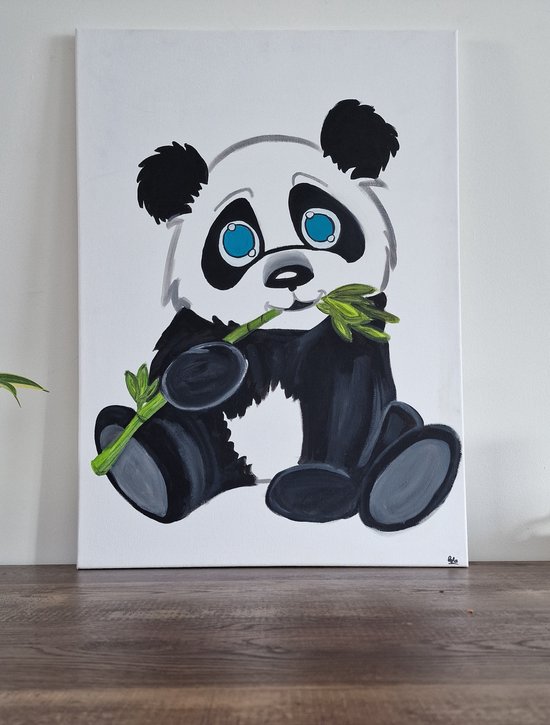 Leyla Arts- Canvas- Schilderij- Panda- Bamboo-Love- Muurdecoratie- Acrylverf- Eetkamer-Hal-Woonkamer-Slaapkamer-babykamer- baby kinderkamer-Handmade