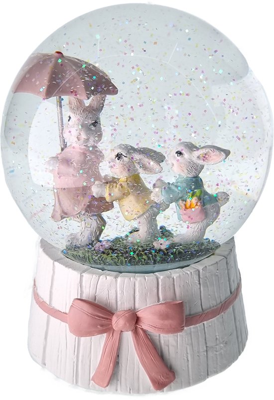 Viv! Christmas Pasen Sneeuwbol incl. muziekdoos - Drie paashaasjes met paraplu - roze wit - 16 cm hoog - Pasen Kunststof / Roze - Viv! Christmas