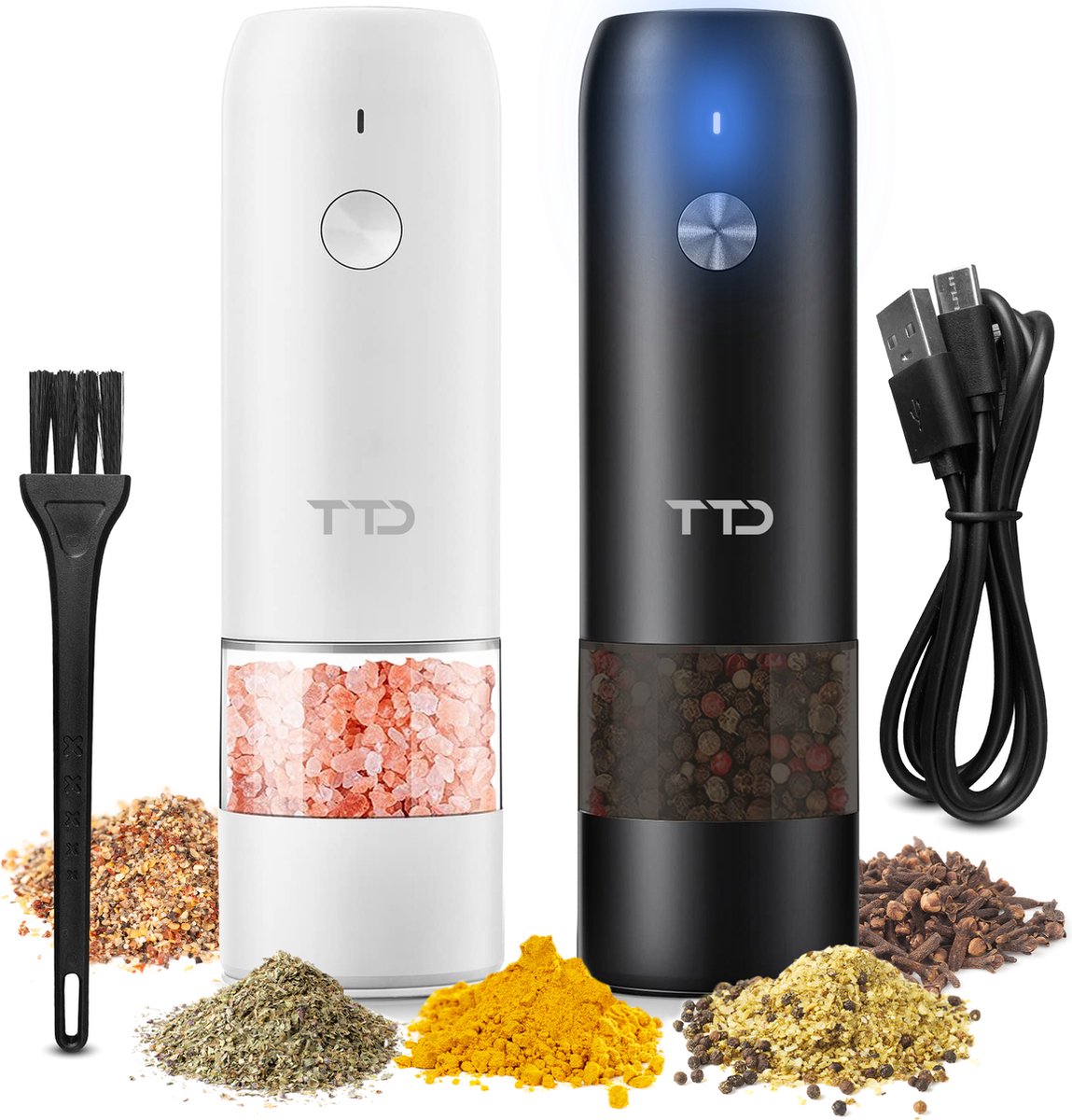 TTD® Premium Zout en Pepermolen Set Elektrisch - USB-oplaadbaar - Kruidenmolen - Verstelbare maalgraad - LED-verlichting - 2 stuks - Zwart & Wit - TTD