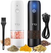 TTD® Premium Zout en Pepermolen Set Elektrisch - USB-oplaadbaar - Kruidenmolen - Verstelbare maalgraad - LED-verlichting - 2 stuks - Zwart & Wit