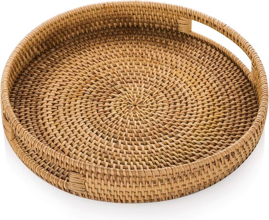 Rattan Tray 30cm Handwoven Wicker Tray Rattan Tray Rustic Decorative Tray for Breakfast, Drinks, Snack, Bread for Coffee Table Bar Dinner Parties Kitchen Organizer