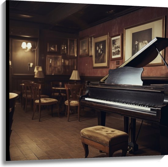 Canvas - Cafe - Tafels - Stoelen - Hout - Piano - Muziek - 100x100 cm Foto op Canvas Schilderij (Wanddecoratie op Canvas)