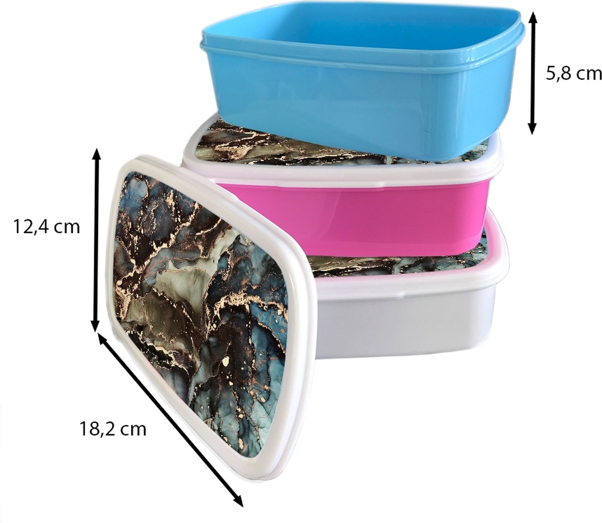 Broodtrommel Wit - Lunchbox - Brooddoos - Marmer - Goud - Groen - 18x12x6 cm - Volwassenen