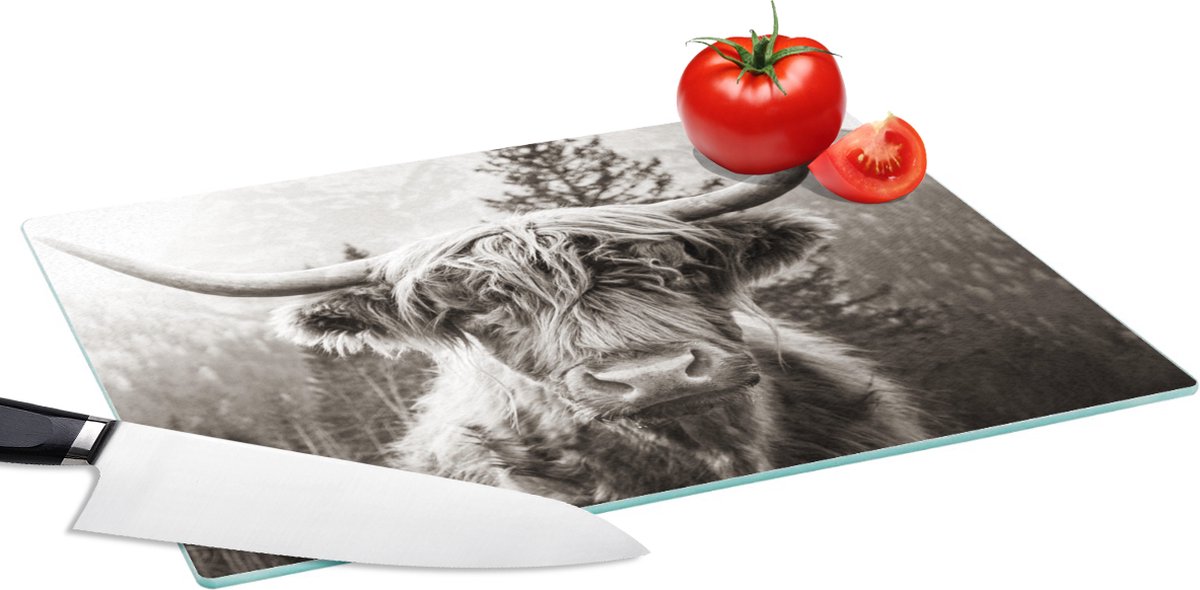 Glazen Snijplank - 39x28 - Schotse hooglander - Koe - Dieren - Zwart - Wit - Snijplanken Glas